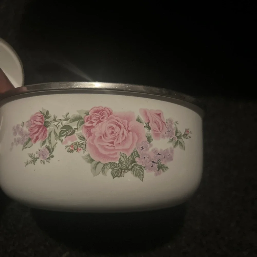 Vtg Enamel Nesting Bowl White Pink Purple‎ Floral Roses Silver Rim (2)